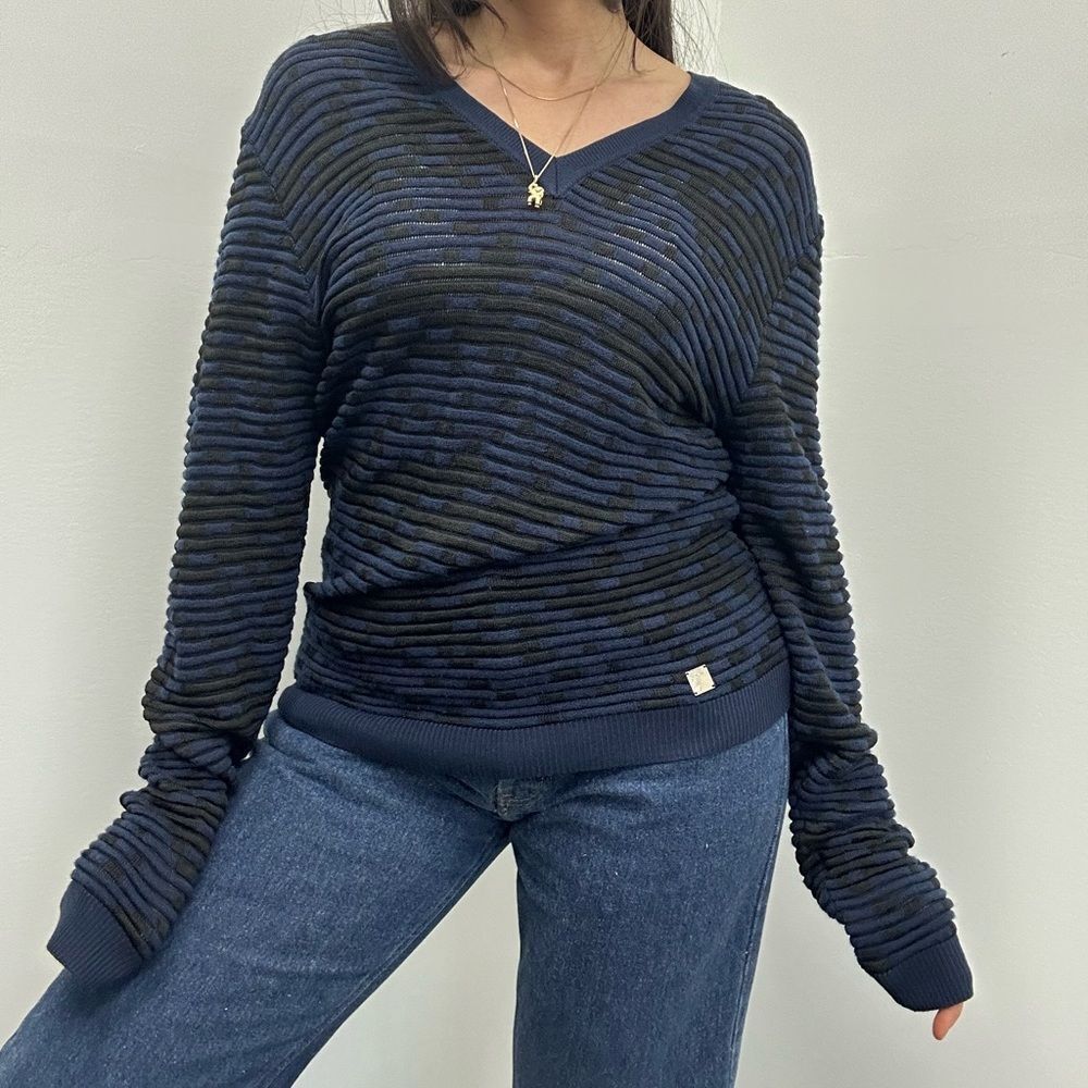 Versace Collection Blue & Black Wool Blend Mesh Knit V-neck Sweater Size M - Picture 4 of 14